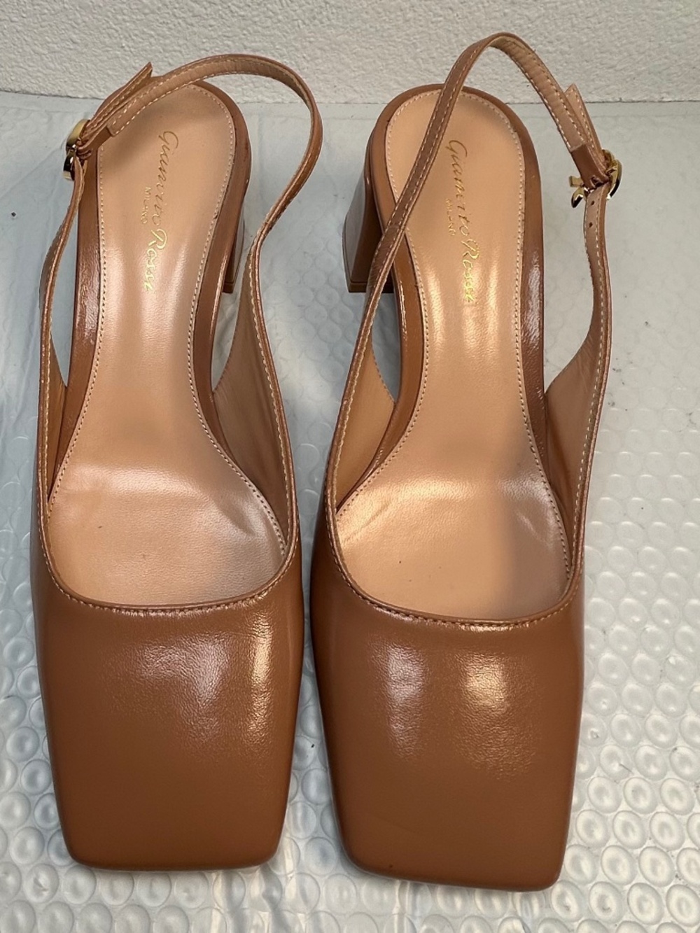 Gianvito Rossi Ric Leather Square Toe Slingback Pumps Brown Block Heel Sz 7 EU37